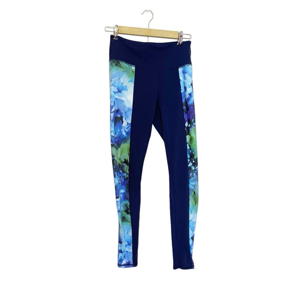 Athleta‎ S Small Bloom Chaturanga Blue Watercolor Floral Leggings Yoga Gym Train
